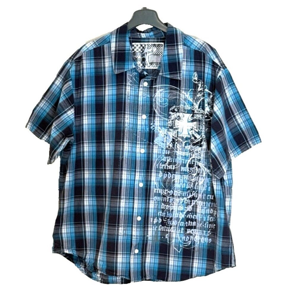 Vintage Surplus Button Front Short Sleeve Men's Plaid Y2K Cross Graphic Size XL